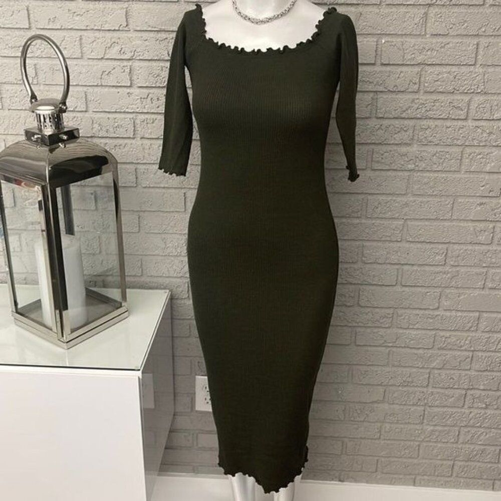 Heart & Hips Women Green Ruffle Ribbed Bodycon Midi Dress Size S